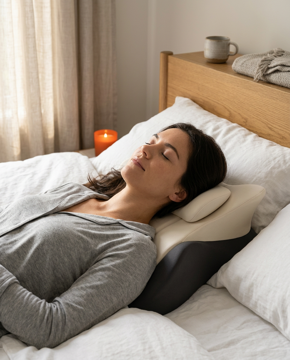 Woman sleeping on her back in bed with neck cradled by the support pillow