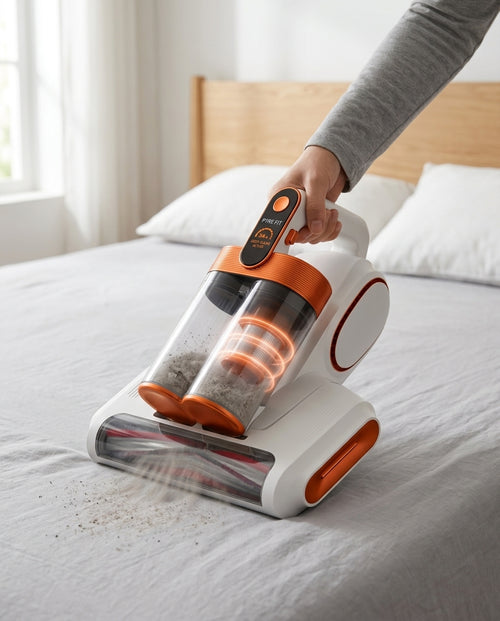 Hand pushing the fabric vacuum across a grey mattress, lifting dust