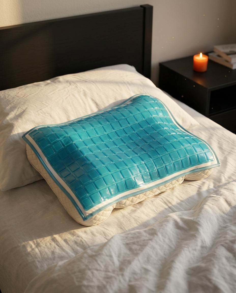 Cooling gel pillow cover on a made bed in a sunlit bedroom