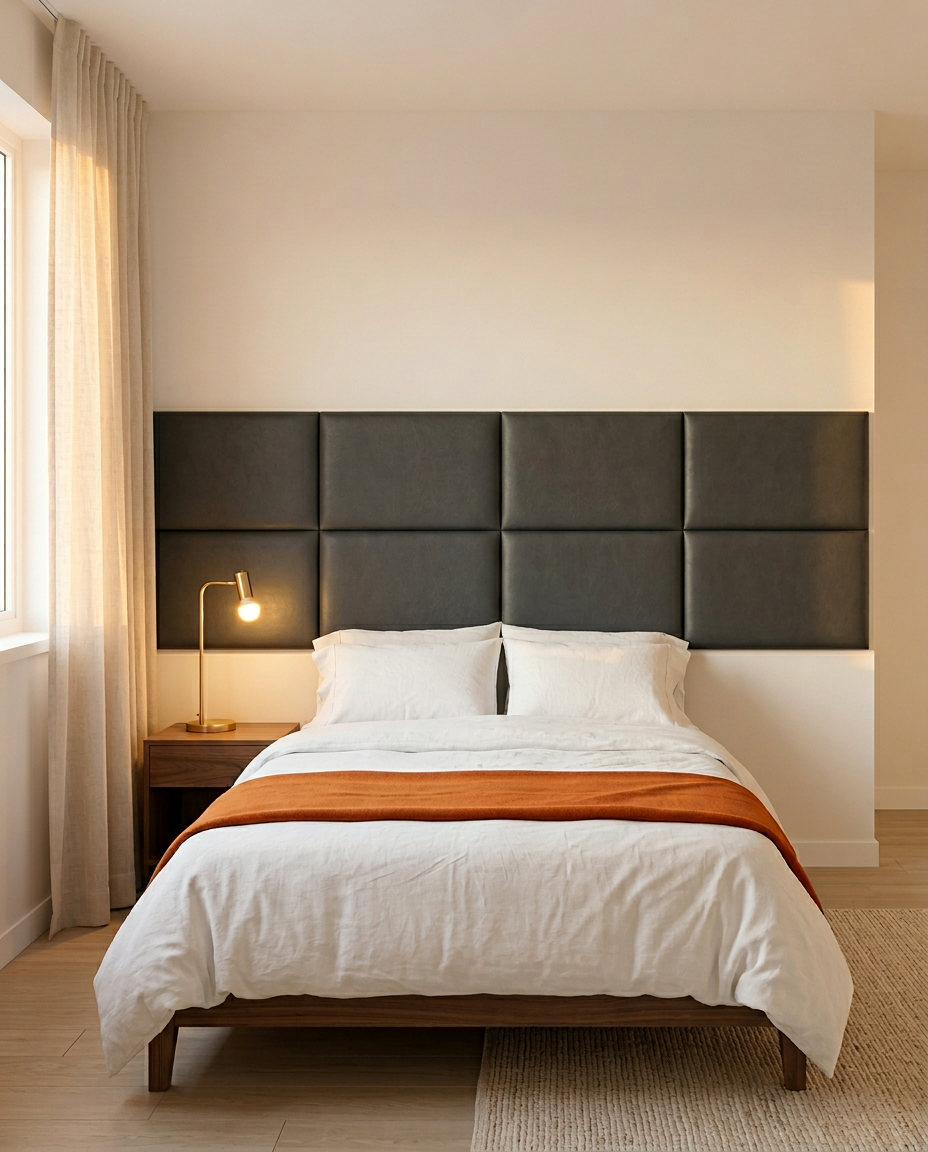 Bedroom with dark grey upholstered wall panels arranged as a padded headboard