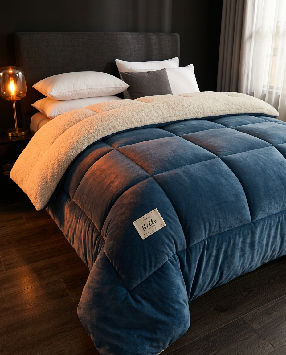 Navy plush winter comforter draped on a made bed in a cozy bedroom
