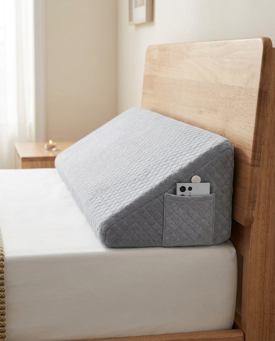 Grey wedge pillow filling the gap between mattress and wooden headboard