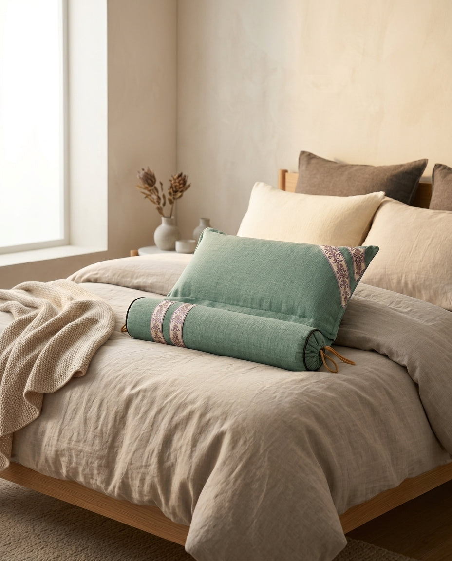 Sage green linen support pillow and bolster styled on a neutral linen bed in a morning bedroom