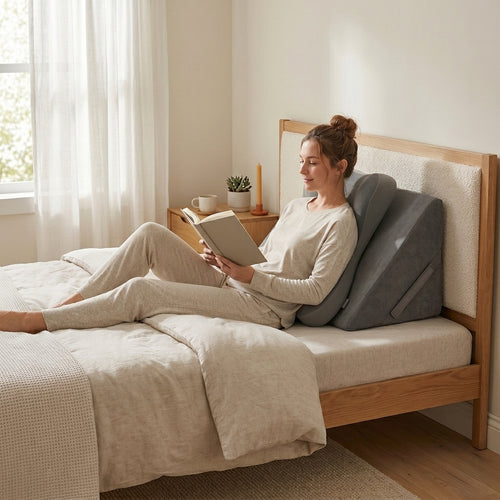 Woman reading in bed while reclining against the gray wedge lounger in a bright bedroom