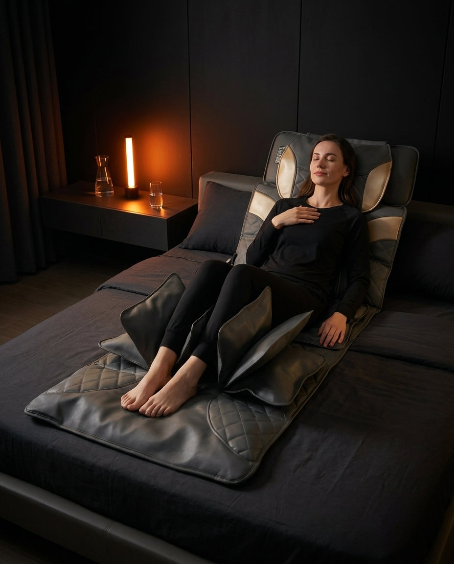 Woman reclining on the massage mat on a bed in a dim bedroom, eyes closed
