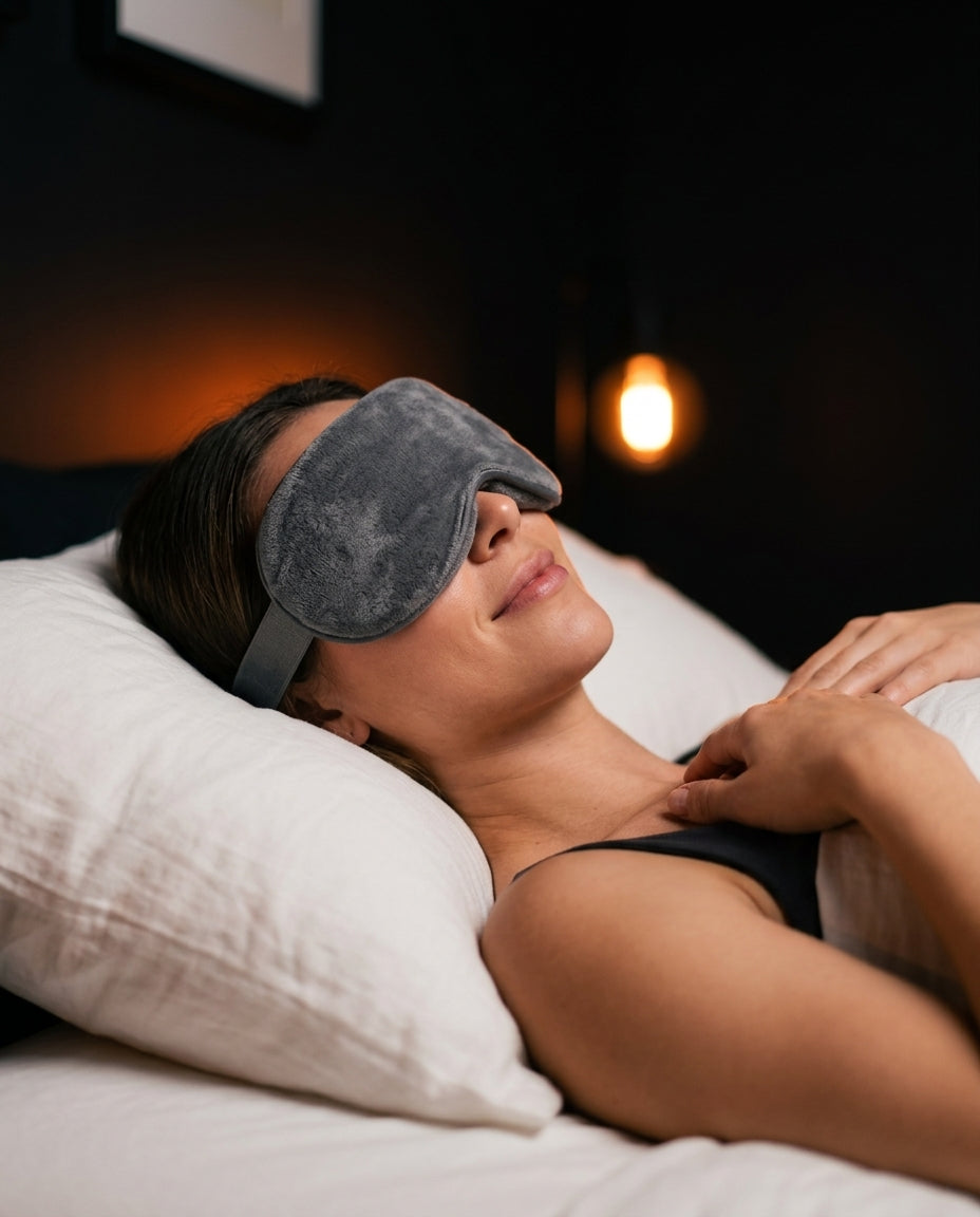 Woman lying in bed wearing the grey heated eye massage mask while relaxing