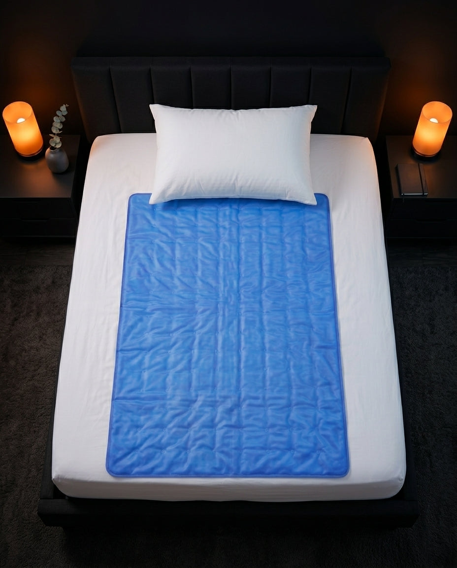 Blue cooling gel pad laid on a white bed in a dim bedroom, top-down view