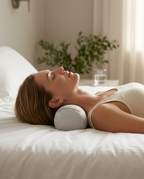 Woman lying in bed with the white traction roll tucked under her neck