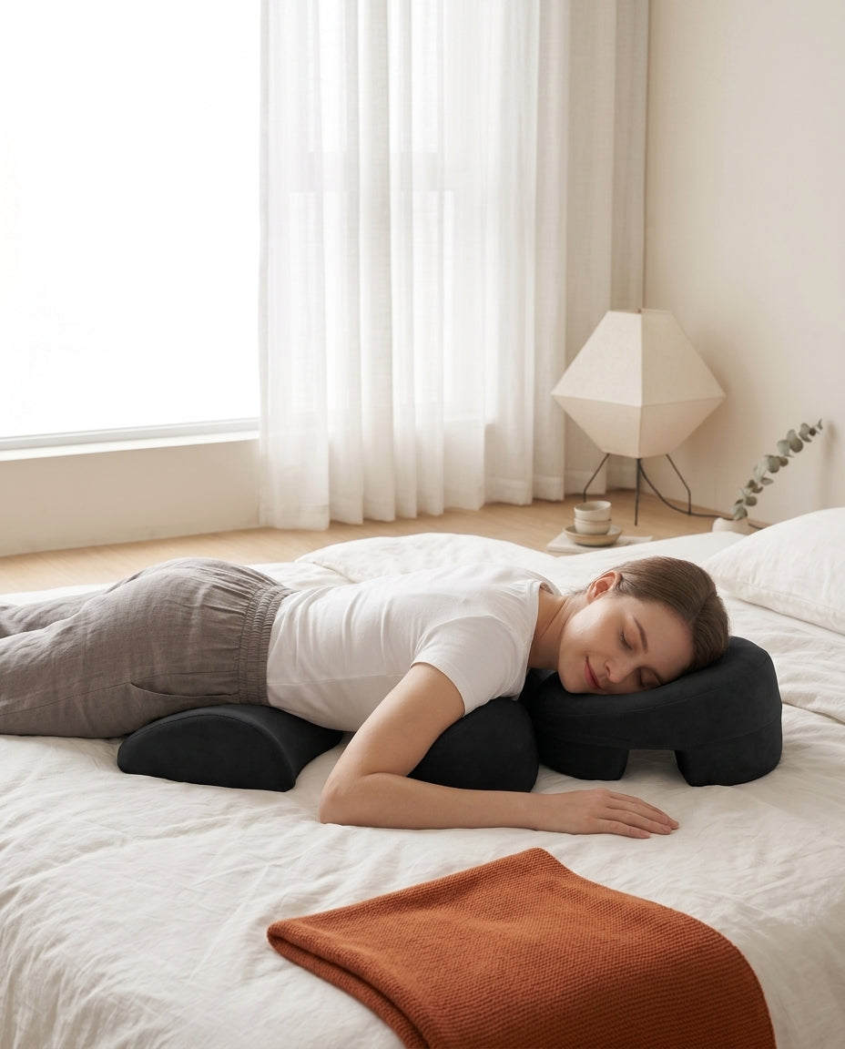 Woman lying prone on a bed, face cradled in the black face-down support pillow