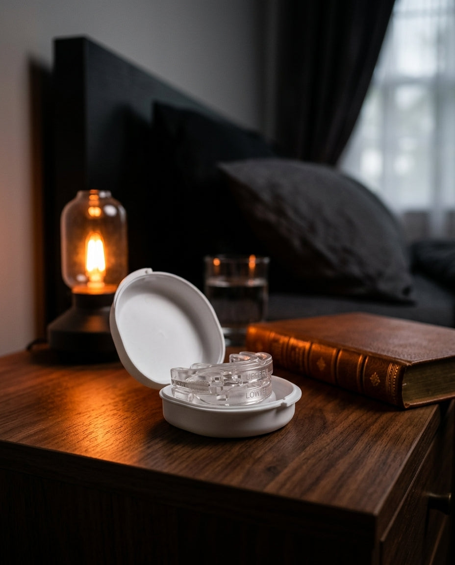 Mouth guard in its open case on a nightstand with a lamp and book