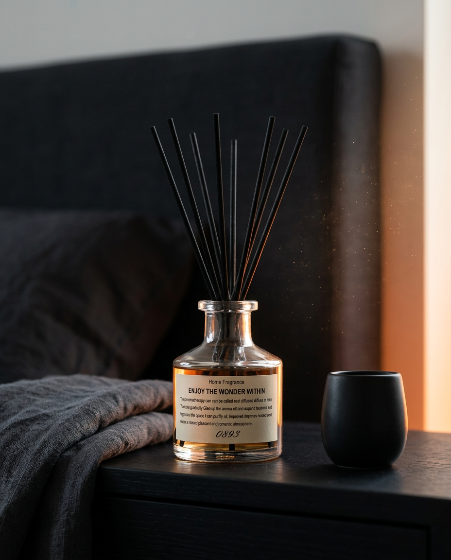 Reed diffuser on a bedside table beside a candle in warm bedroom light