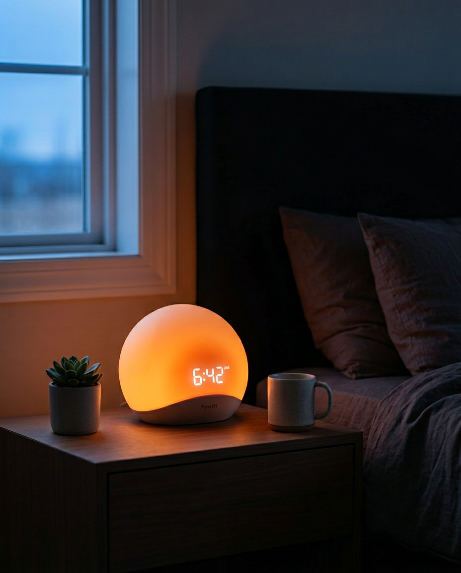 Sunrise wake-up light glowing warm orange on a bedside table at dawn