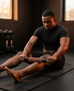 Man rolling the deep tissue massage stick along his calf on a gym mat