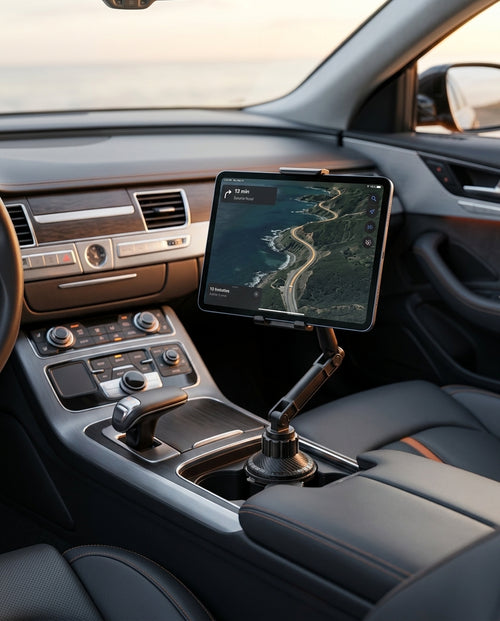 Tablet in a car cup-holder mount showing navigation with a coastal view