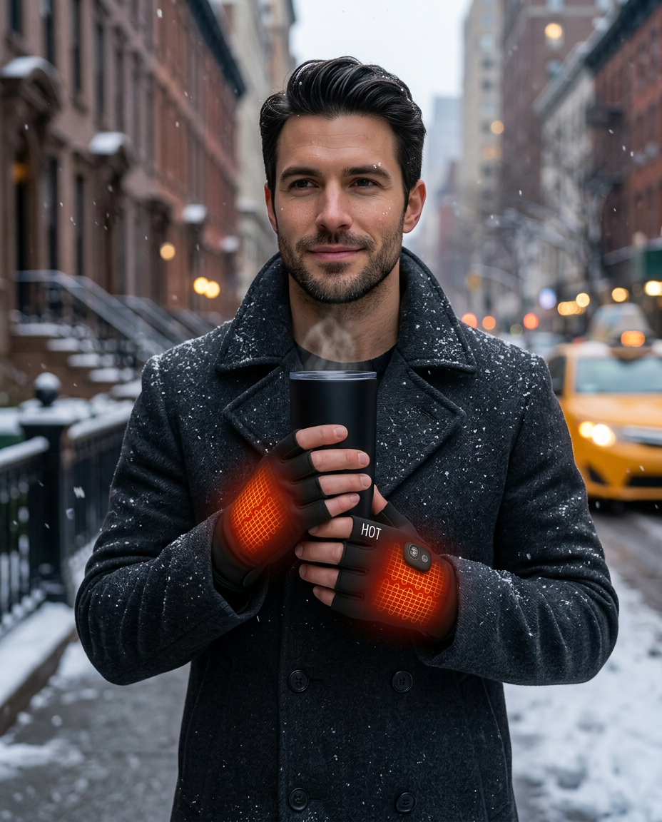 Man wearing heated gloves holding coffee on a snowy city street