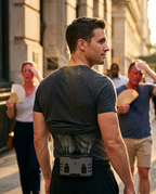 Man on a hot city street wearing the cooling unit clipped to his waistband
