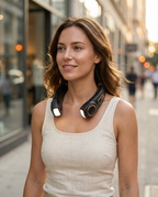 Woman walking a city street wearing the black hands-free neck fan