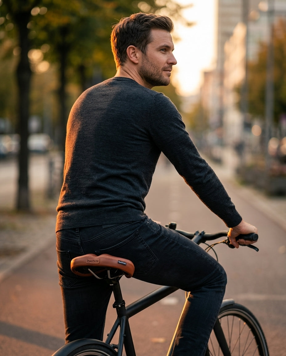 Man commuting on a city bike seated on the brown ergonomic saddle at sunset