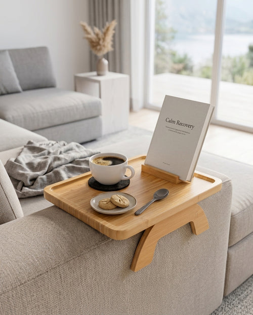 Bamboo couch arm tray holding coffee and a propped book on a grey sofa