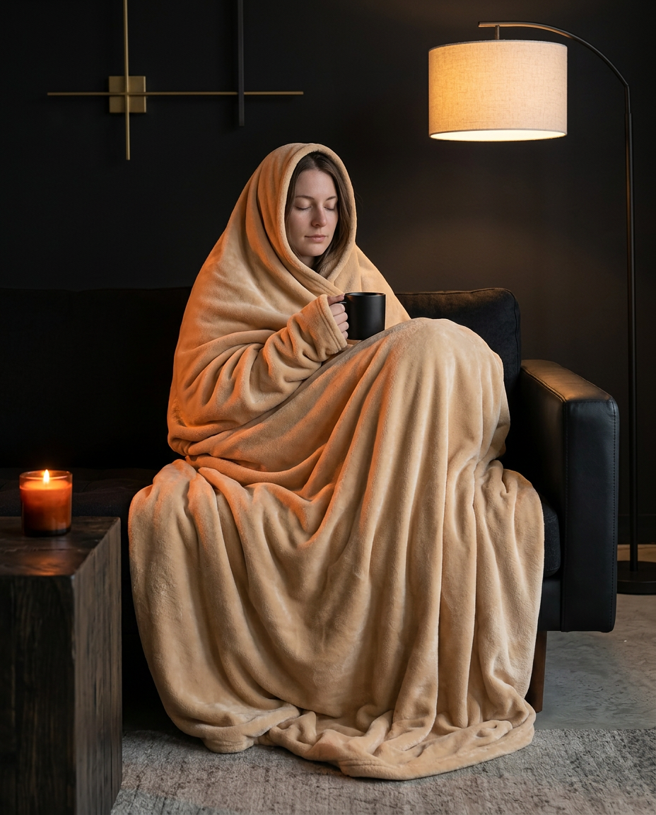 Person wrapped in the wearable blanket holding a mug by candlelight