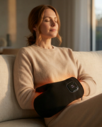 Woman on a couch resting both hands inside the heated glove muff