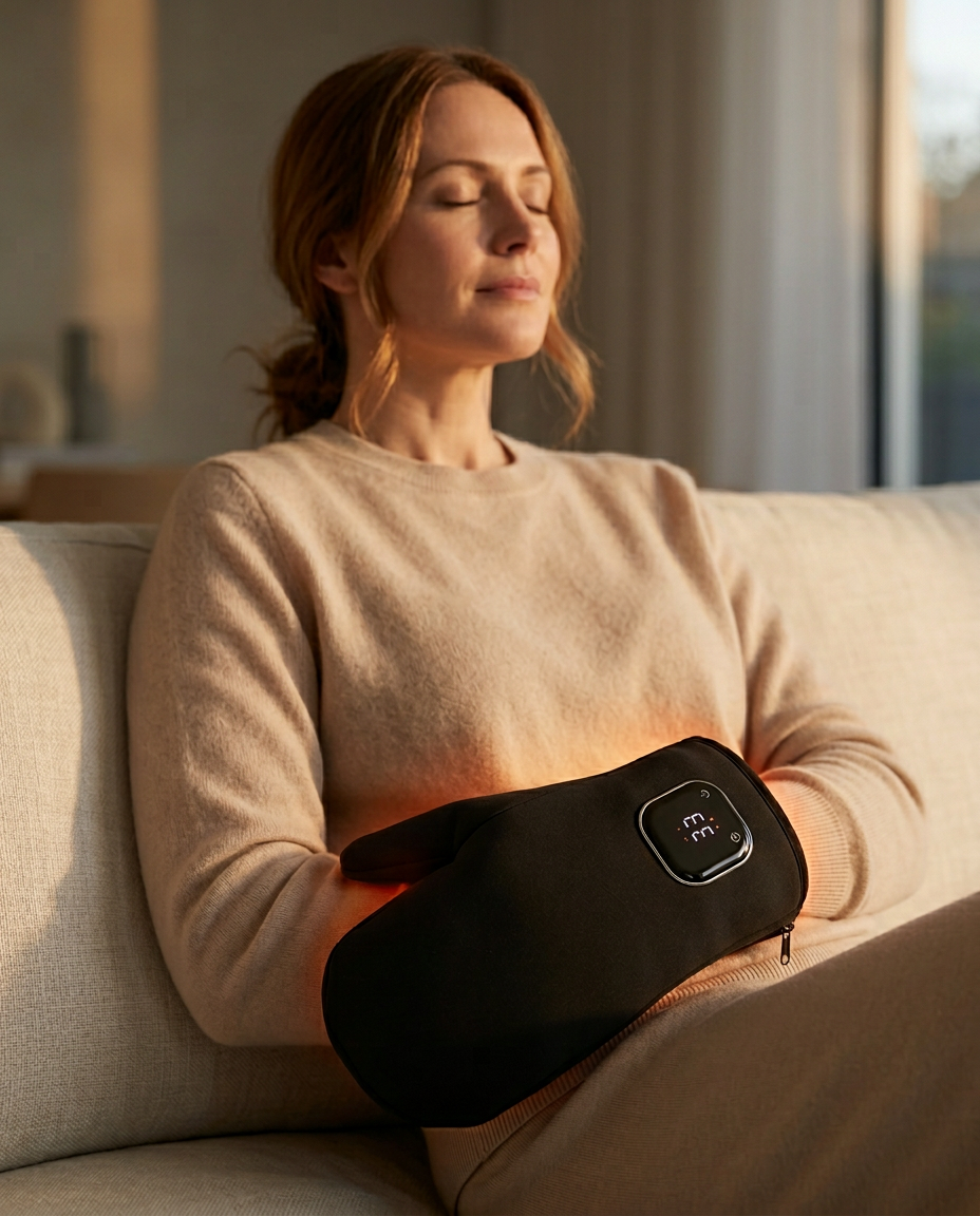 Woman on a couch resting both hands inside the heated glove muff