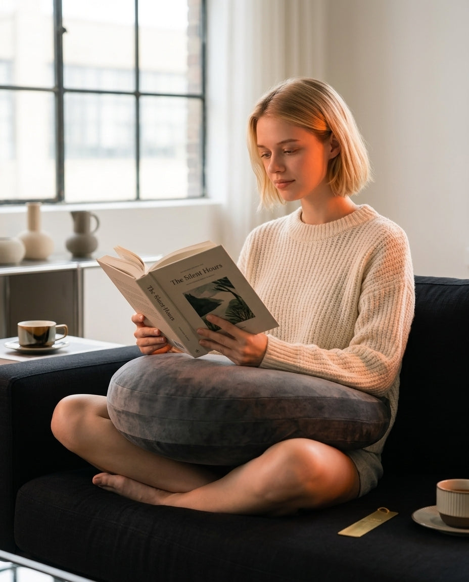 Woman reading a book cross-legged on a couch with the lap pillow on her knees