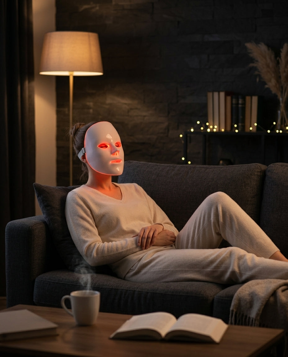 Woman relaxing on a couch wearing the LED mask glowing red in a dim room