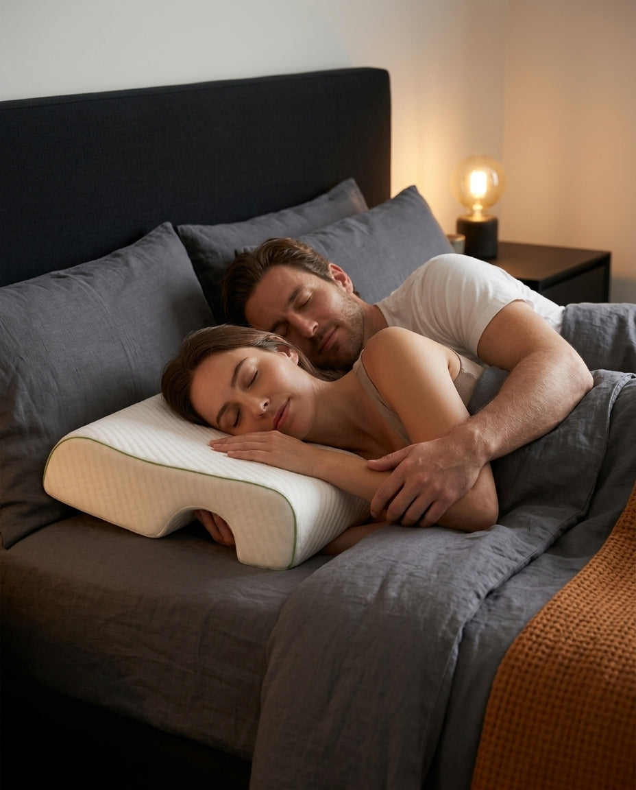 Couple sleeping close, the woman cradled on the couples pillow with arm cutout