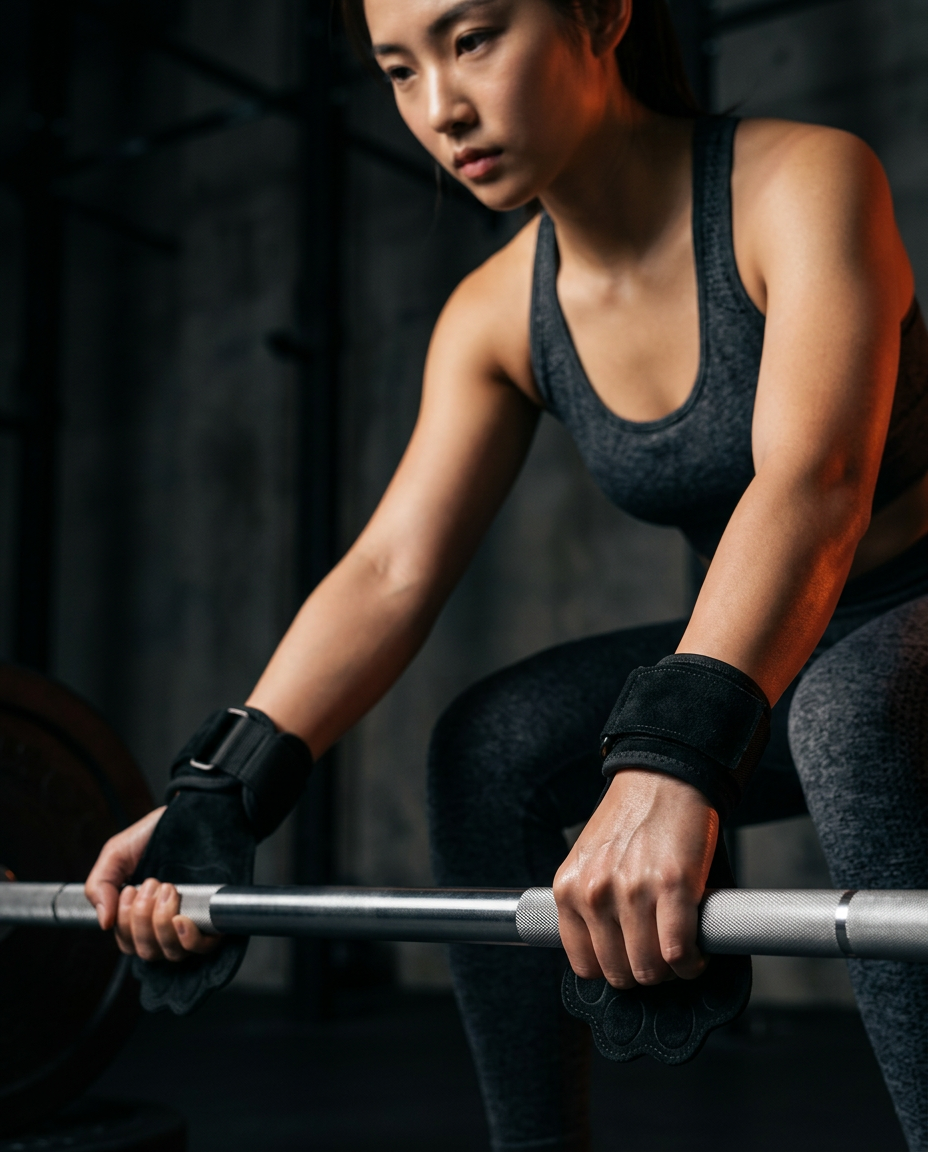 Woman gripping a barbell with black paw lifting straps during a deadlift