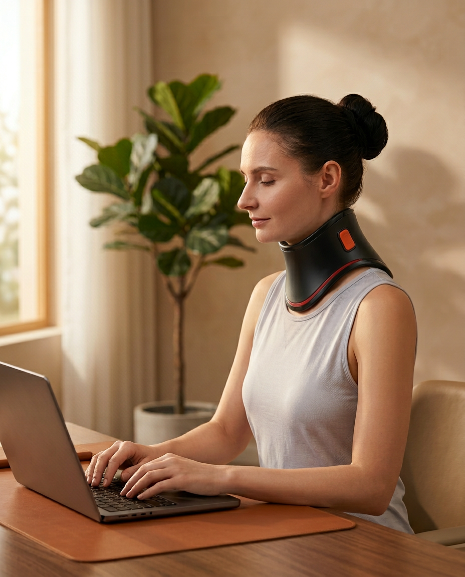 Woman working at a sunlit desk wearing the heated neck wrap while typing
