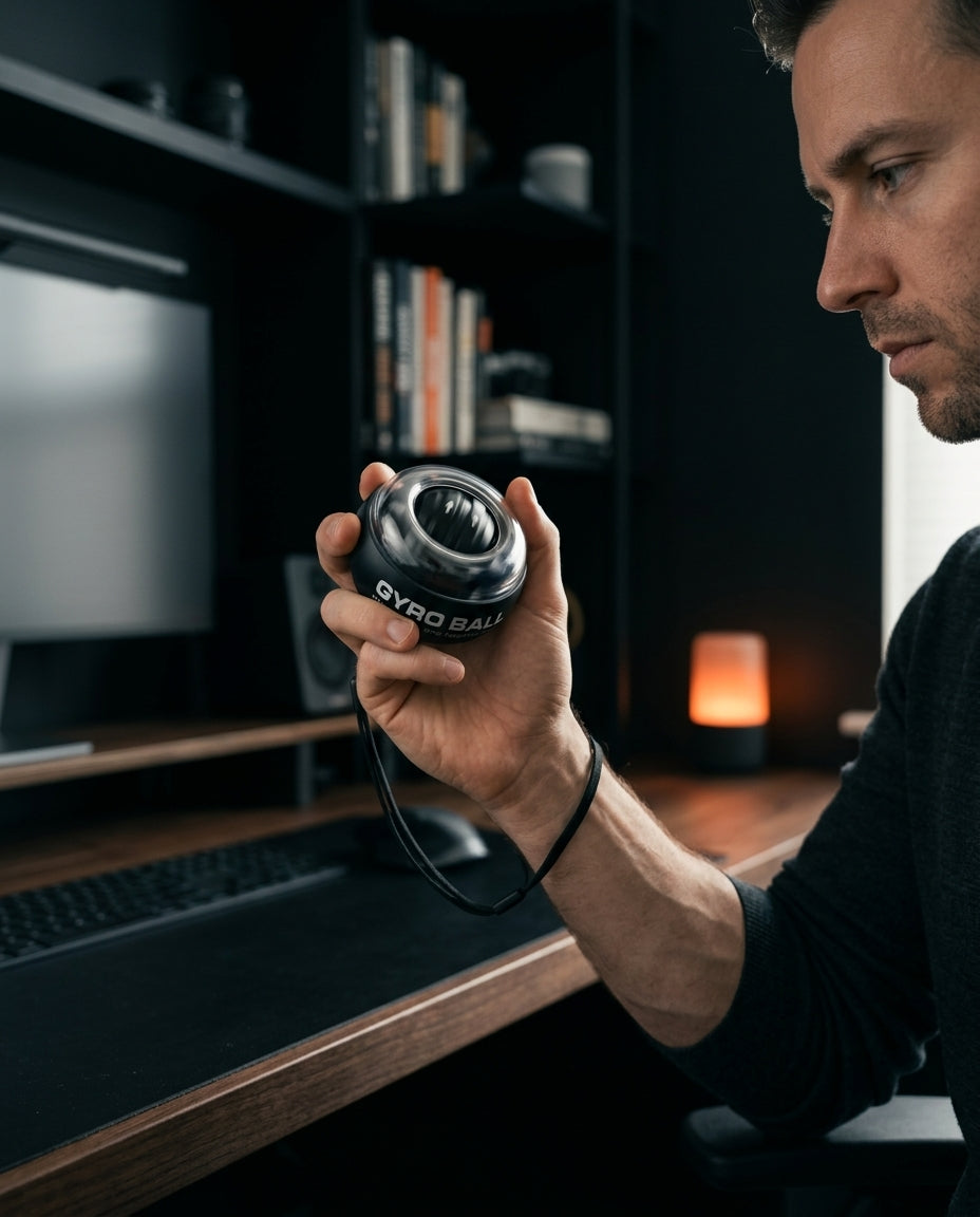 Man at a desk gripping the gyro ball trainer during a work break