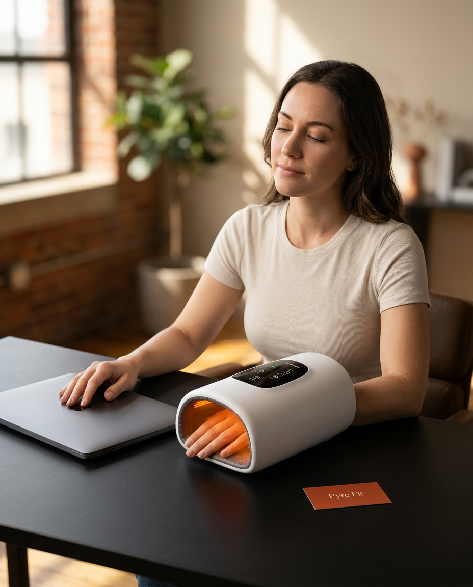 Woman using the heated hand massager at her desk beside a laptop