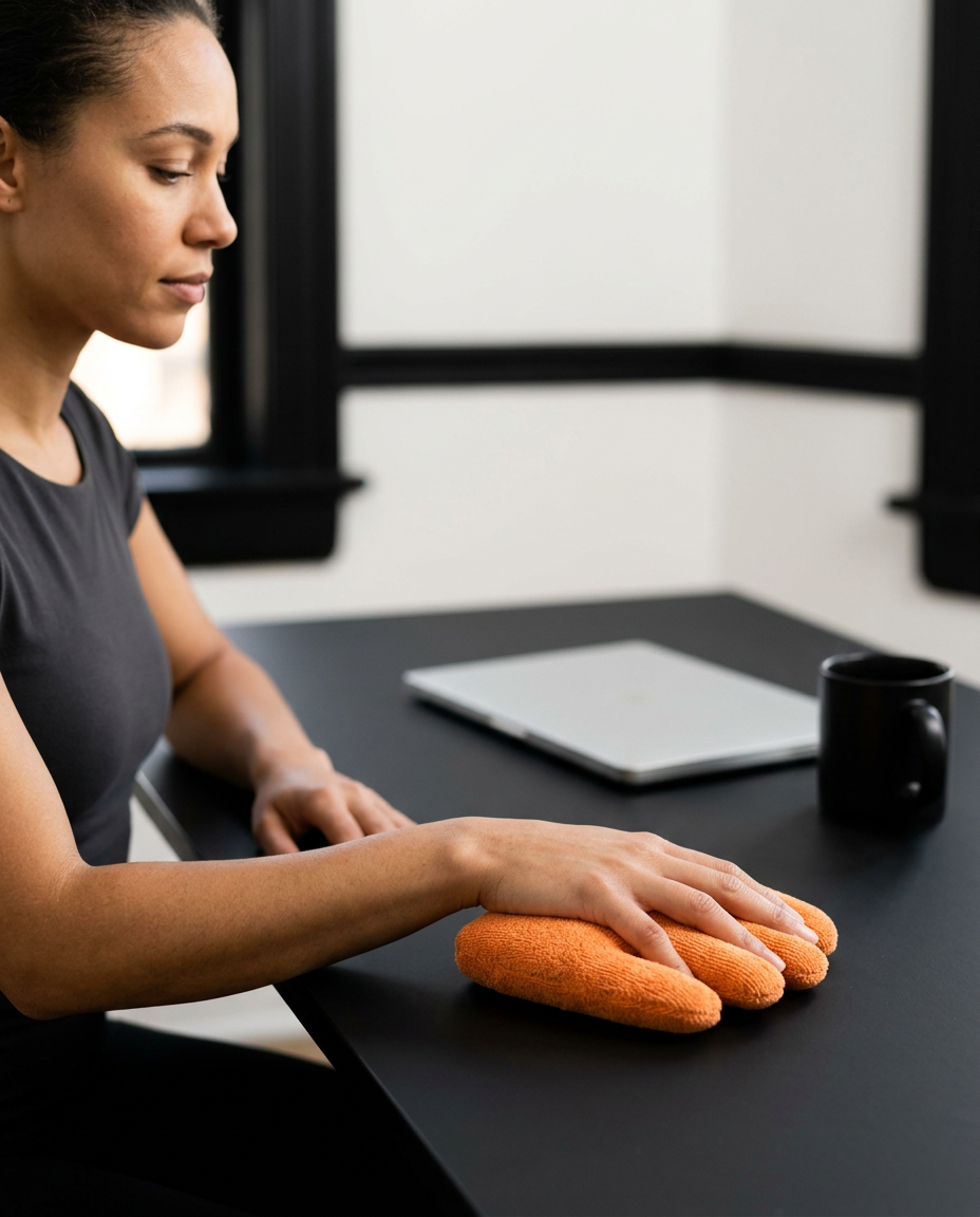 Woman at a dark desk resting her hand on the orange hand cushion while working