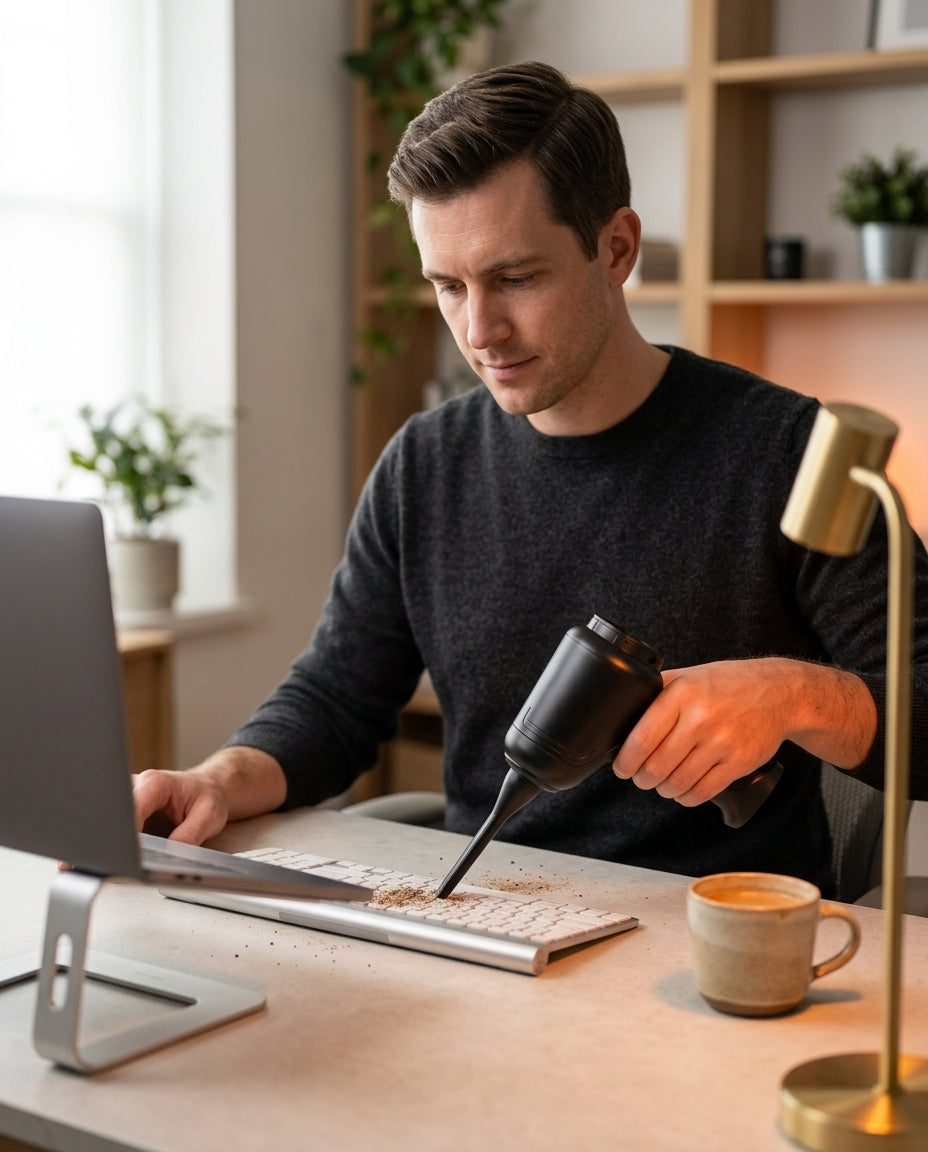 Man vacuuming crumbs from a keyboard with the cordless cleaning tool at his desk