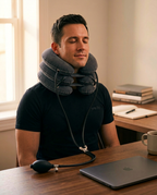 Man at a desk wearing the inflated neck traction device, eyes closed