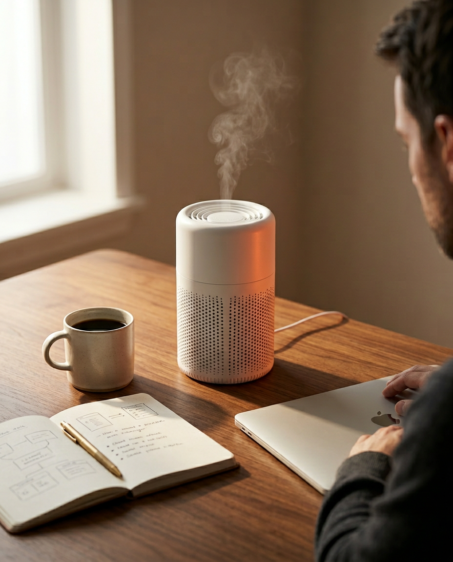 Air purifier running on a desk beside a man working with coffee and notebook