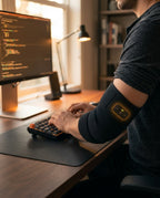 Man typing at a desk wearing the heated elbow sleeve on his forearm