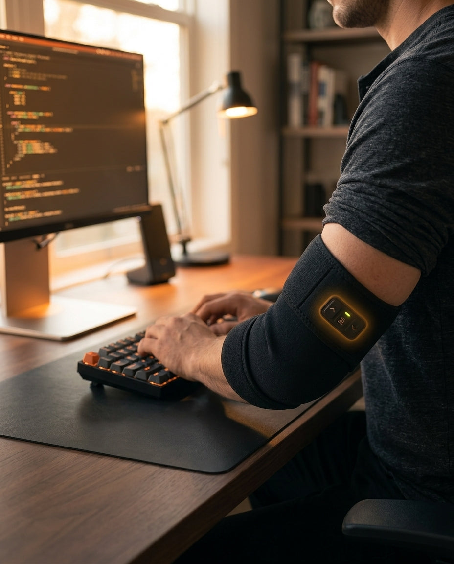 Man typing at a desk wearing the heated elbow sleeve on his forearm