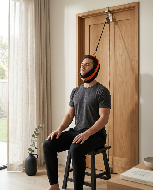 Man seated using the over-door neck traction halter hung from a doorway