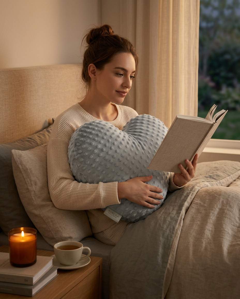 Woman reading in bed hugging the grey heart weighted cushion at dusk