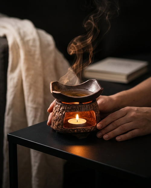 Lit ceramic burner with rising vapor on a dark side table in evening light