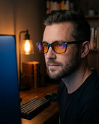 Man wearing blue light glasses at a computer in a dim evening home office