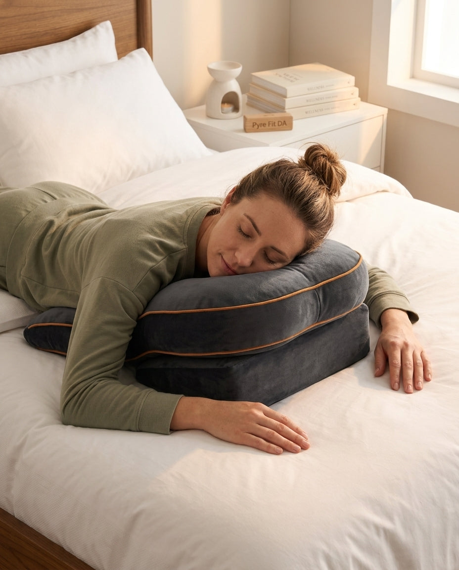 Woman resting face-down on a grey memory foam support pillow on a bed