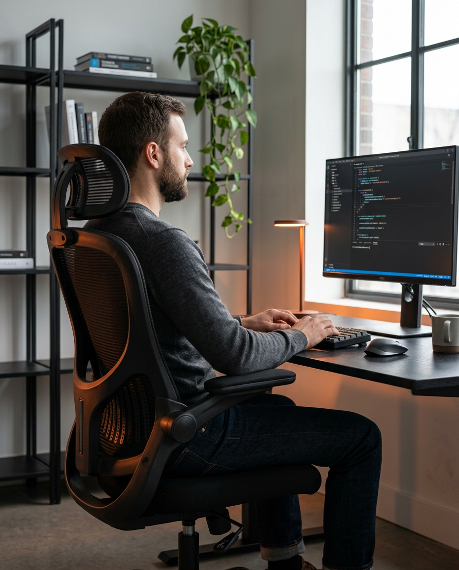 Man seated in the mesh office chair working at a monitor in a home office