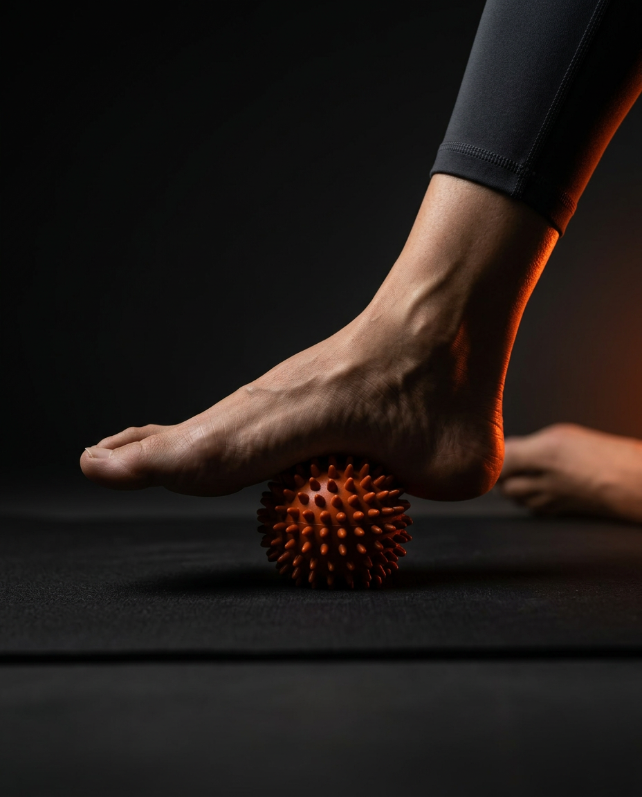 Bare foot rolling over orange spiky massage ball on a mat for plantar release