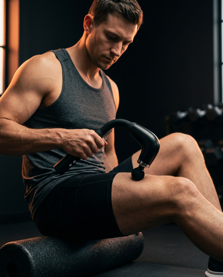 Athlete using the fascia massage gun on his quad while seated in the gym