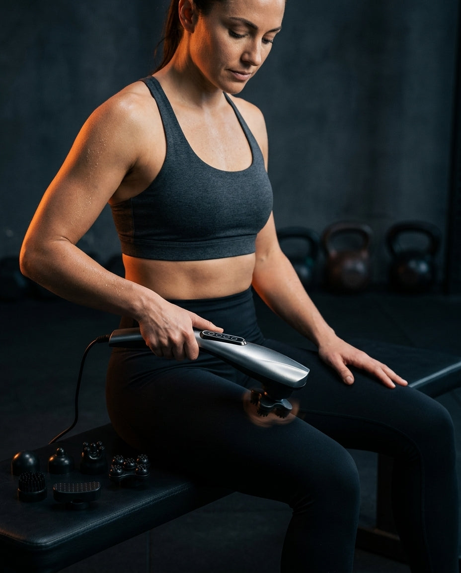 Woman using the handheld massager on her thigh in a gym recovery setting