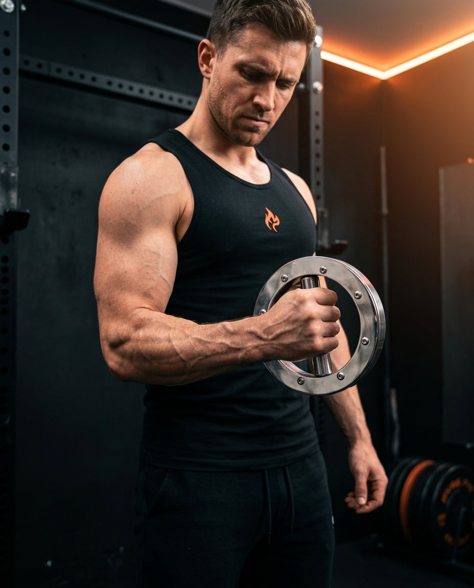 Muscular man training his forearm with the steel grip trainer in a home gym