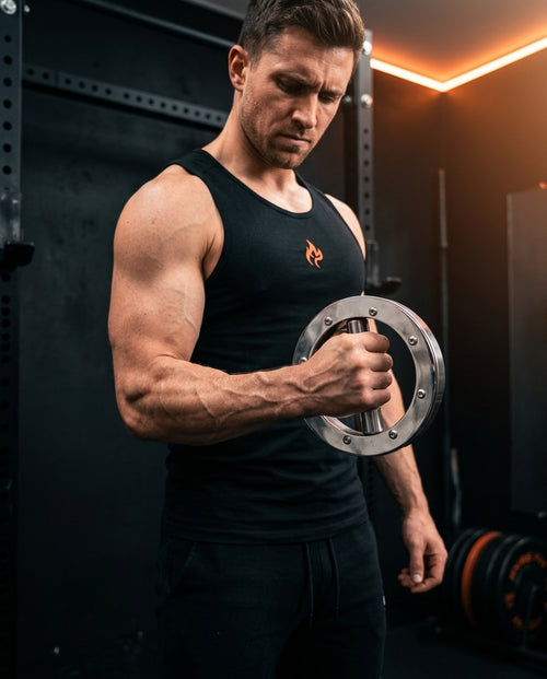 Muscular man training his forearm with the steel grip trainer in a home gym